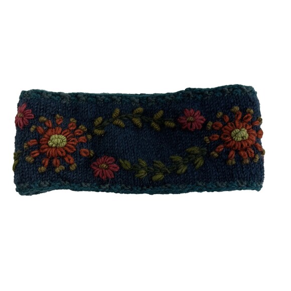 Lost Horizons Abigail Headband Teal Floral Wool Knit Fleece Lined Embroidered